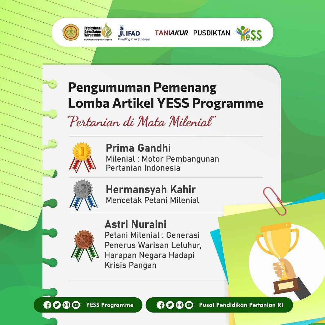 Galeri - Foto, Pengumuman Pemenang Lomba Artikel YESS Programme "Pertanian di Mata Milenial", YESS Programme,Pusdiktan,BPPSMDP,Kementerian Pertanian,Lomba Penulisan Artikel,Pertanian di Mata Milenial